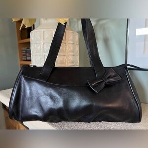 Van Eli Vintage Leather Black Bow Accent Baguette Shoulder Bag